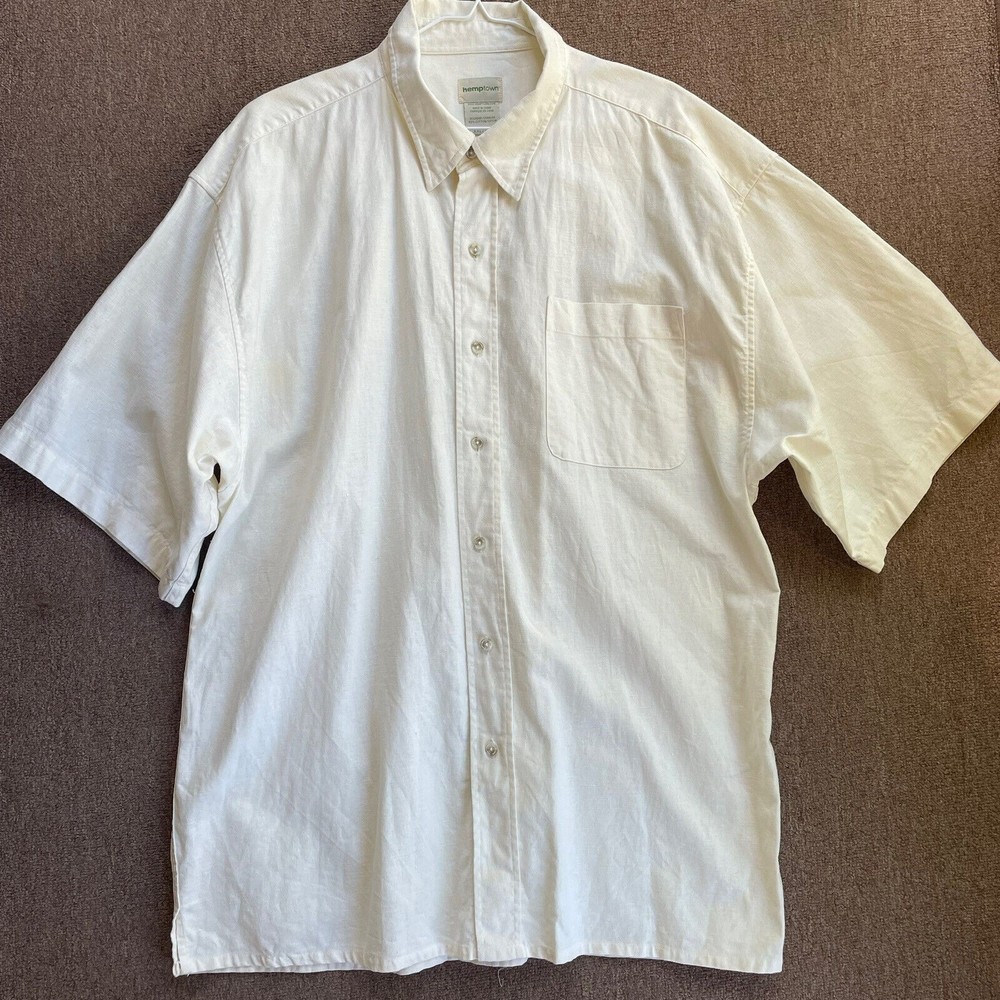 Hemptown Men’s Hemp Cotton Button Down Shirt XXL Ivory White Short Sleeve